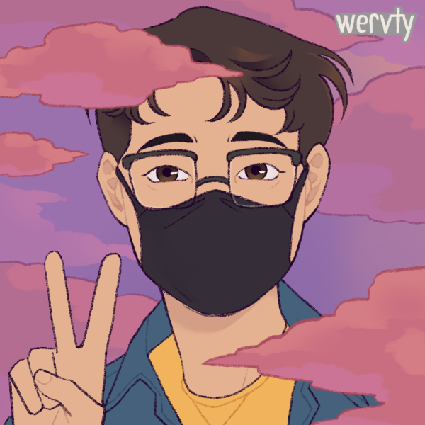 Headshot made in a picrew of a mixed White and Chinese person with short brown hair, wearing glasses, a fabric mask, and a collared shirt over a t-shirt